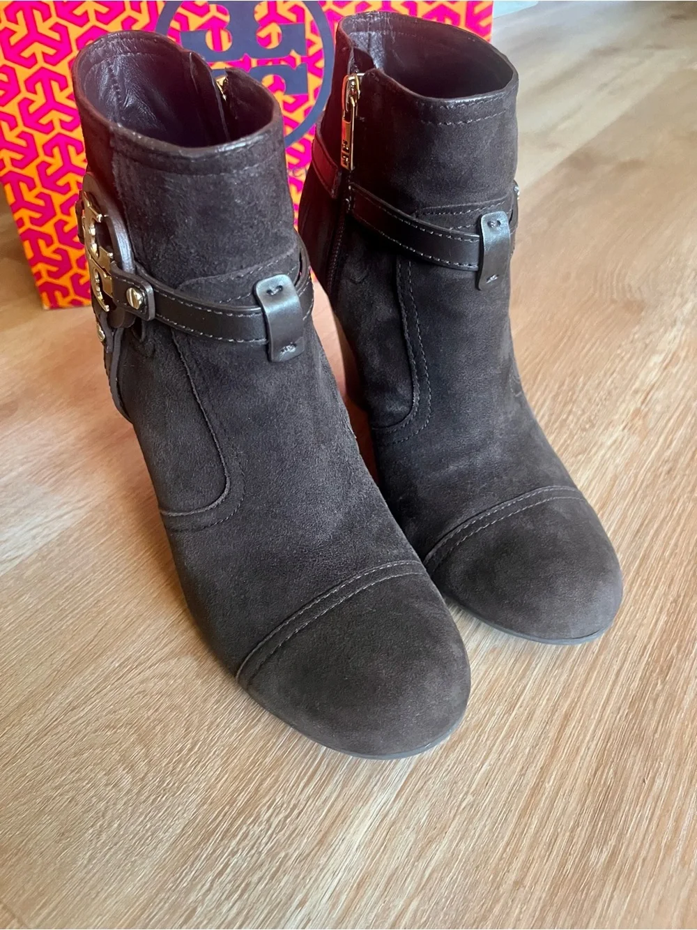 Tory Burch Dark Brown Suede Wedge Ankle Boots with Gold Logo